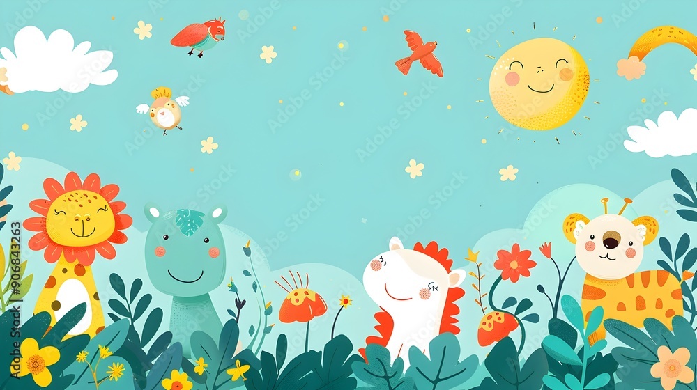 Naklejka premium Whimsical Children s Frame with Playful Animals and Bright Colors