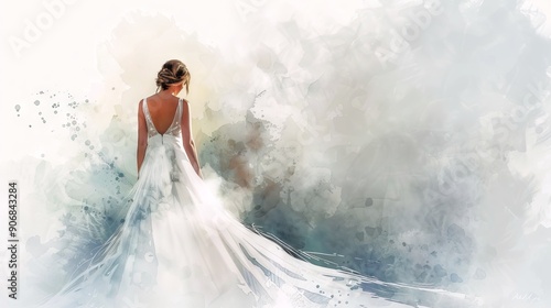 Beautiful bride wearing a flowing white wedding dress in a dreamy pastel background. Concept of bridal fashion, wedding day, romance, elegance. Watercolor art. Copy space