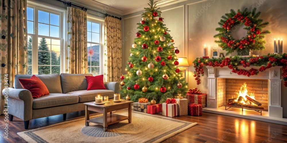 Cozy Christmas Living Room with Decorated Tree and Fireplace, Christmas Decor , Holiday Cheer , Winter Wonderland , Festive Cozy Christmas Living Room with Decorated Tree and Fireplace, Christmas Decor , Holiday Cheer , Winter Wonderland , Festive