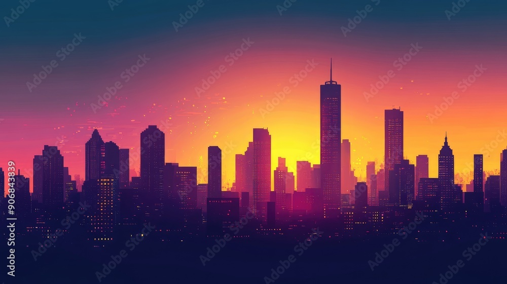 Vector illustration of a silhouette city skyline at sunset, with vibrant colors and detailed skyscrapers. Vector illustration of a silhouette city skyline at sunset, with vibrant colors and detailed skyscrapers.