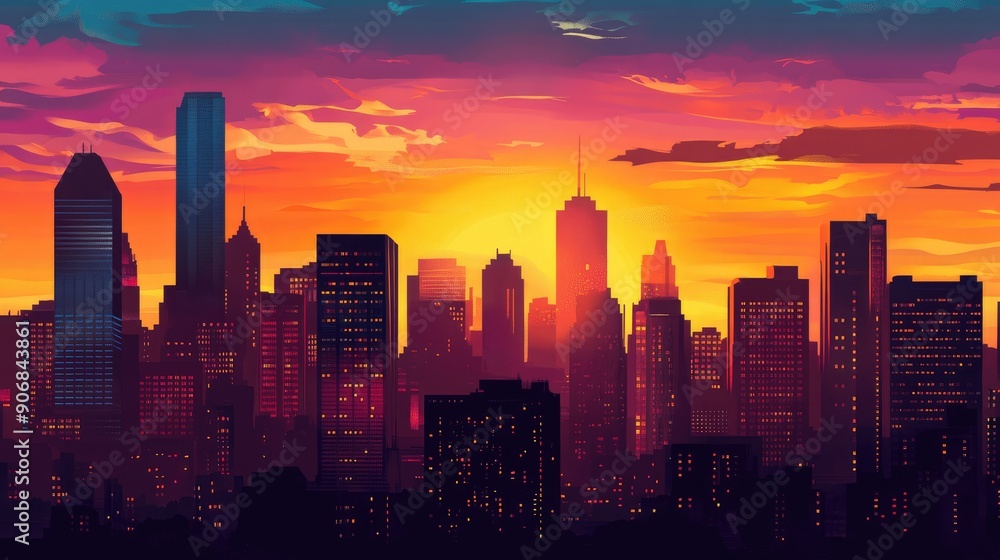 Vector silhouette of a city skyscraper skyline at sunset, with rich colors and intricate urban details Vector silhouette of a city skyscraper skyline at sunset, with rich colors and intricate urban details