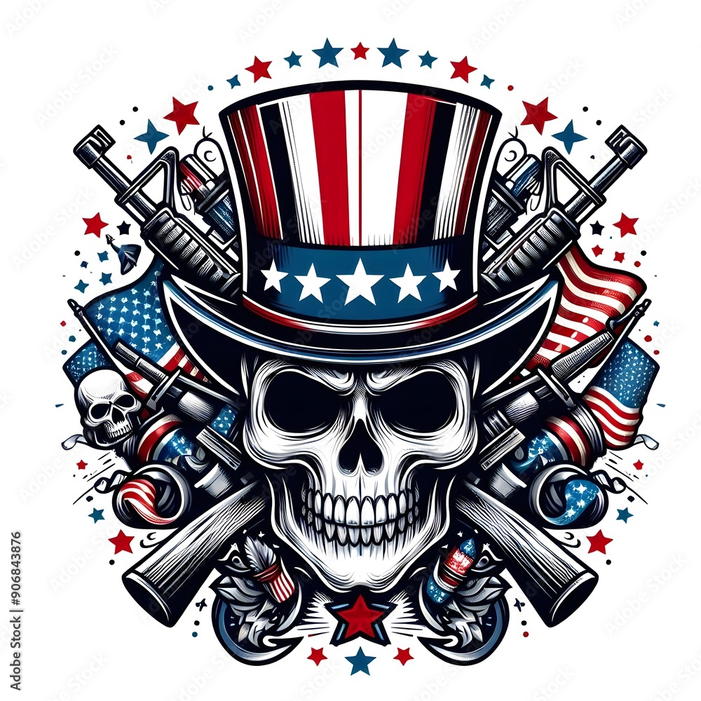 American Skull with Guns and Uncle Sam Hat American Skull with Guns and Uncle Sam Hat