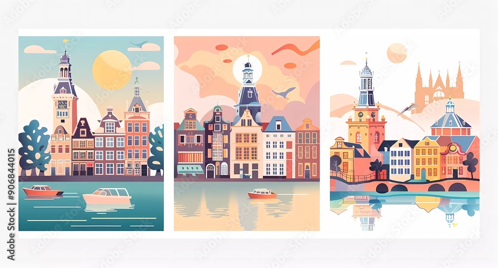 Abstract Amsterdam travel poster with iconic landmarks, set of three vector illustrations on a white background Abstract Amsterdam travel poster with iconic landmarks, set of three vector illustrations on a white background