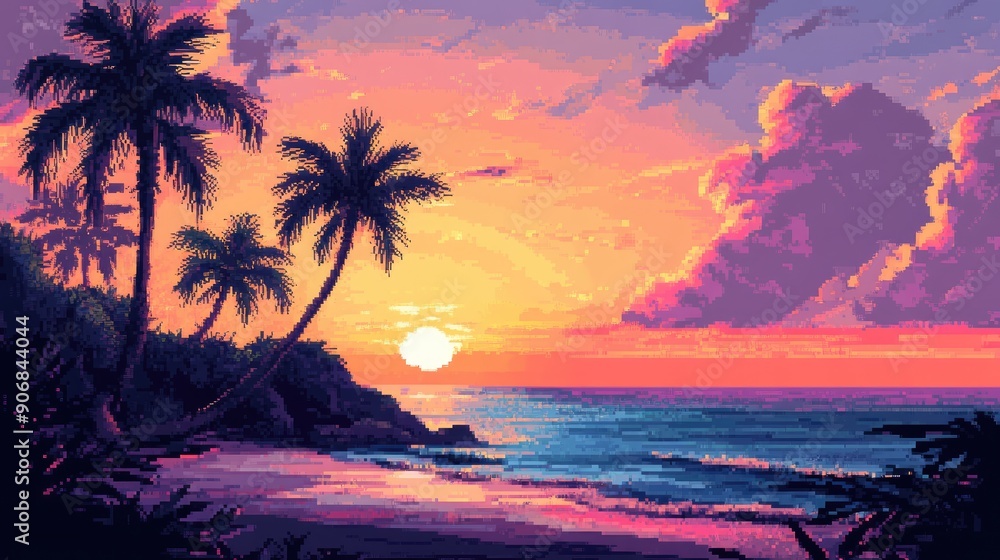 Vibrant 8-bit pixel art of a coastal beach at sunset, with palm trees and retro charm. Vibrant 8-bit pixel art of a coastal beach at sunset, with palm trees and retro charm.