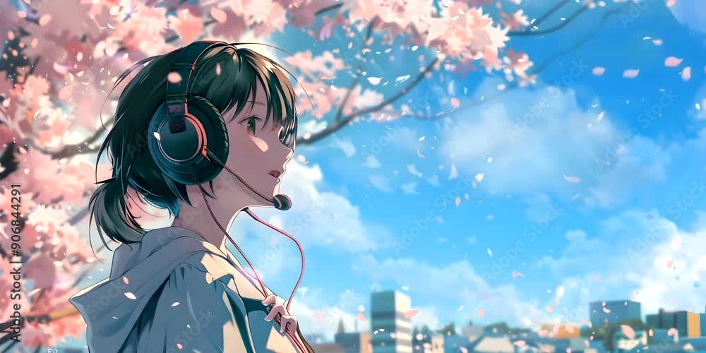 A beautiful woman wearing headphones with a backdrop of cherry blossoms in full bloom and a clear sky A beautiful woman wearing headphones with a backdrop of cherry blossoms in full bloom and a clear sky