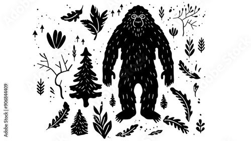 Doodle black linocut cute cryptozoology cryptid  monster nature weirdo different elements isolated on transparent background, texture, pattern, background,  sasquatch, bigfoot