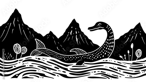 Doodle black linocut cute cryptozoology cryptid  monster nature weirdo different elements isolated on transparent background, texture, pattern, background, nessie, lockness