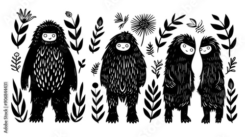 Doodle black linocut cute cryptozoology cryptid monster set nature weirdo different elements isolated on transparent background, texture, pattern, background, sasquatch, bigfoot photo