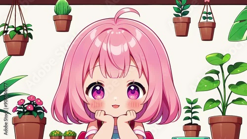 Anime girl with pink hair surrounded by green plants, showcasing a vibrant and whimsical fusion of fantasy and nature. seamless 4K time-lapse virtual video animation background cartoon style photo