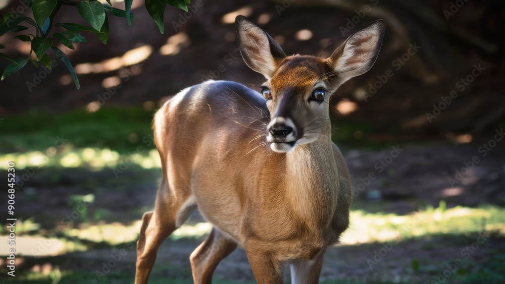 A small deer standing in the grass with a tree behind it, AI A small deer standing in the grass with a tree behind it, AI