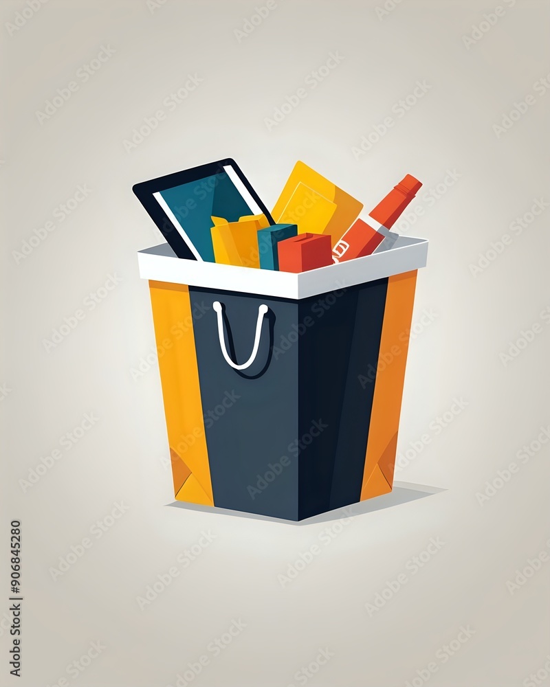 A full shopping bag with yellow, red, blue and orange items. A full shopping bag with yellow, red, blue and orange items.