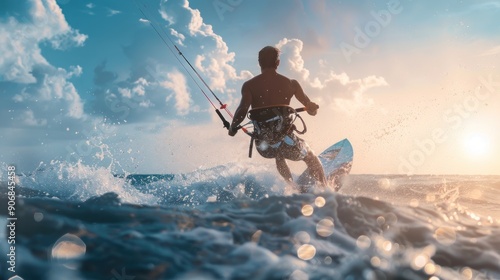 Kitesurfer riding wave at sunset.  Concepts. adventure, sport, freedom, travel, and summer.