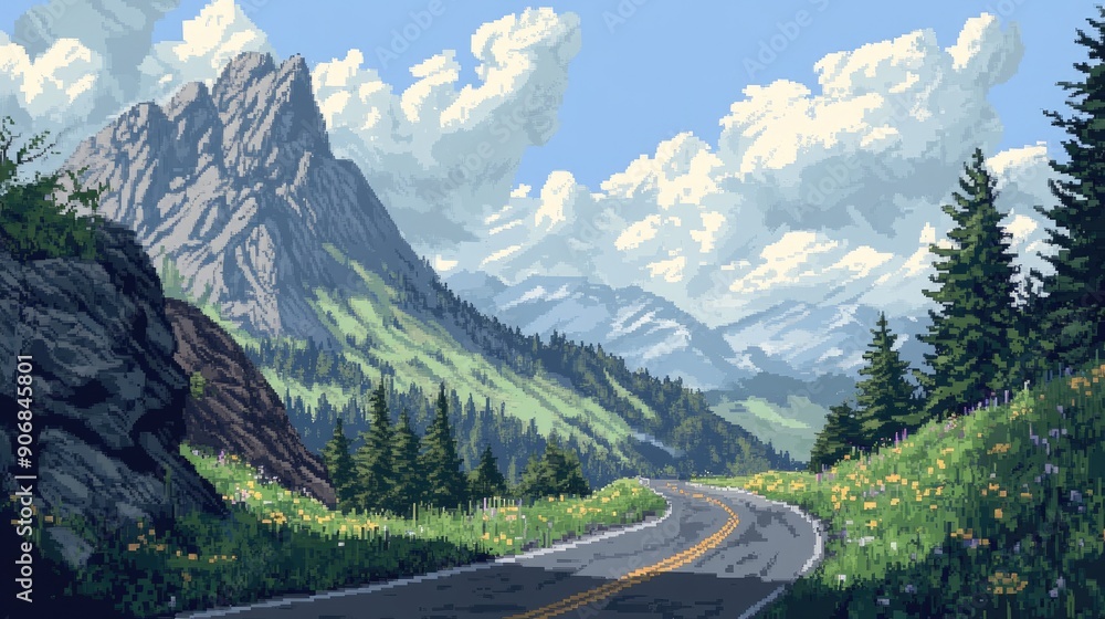 Winding road through a mountain pass in pixel art, with cool grays and greens for a scenic adventure. Winding road through a mountain pass in pixel art, with cool grays and greens for a scenic adventure.