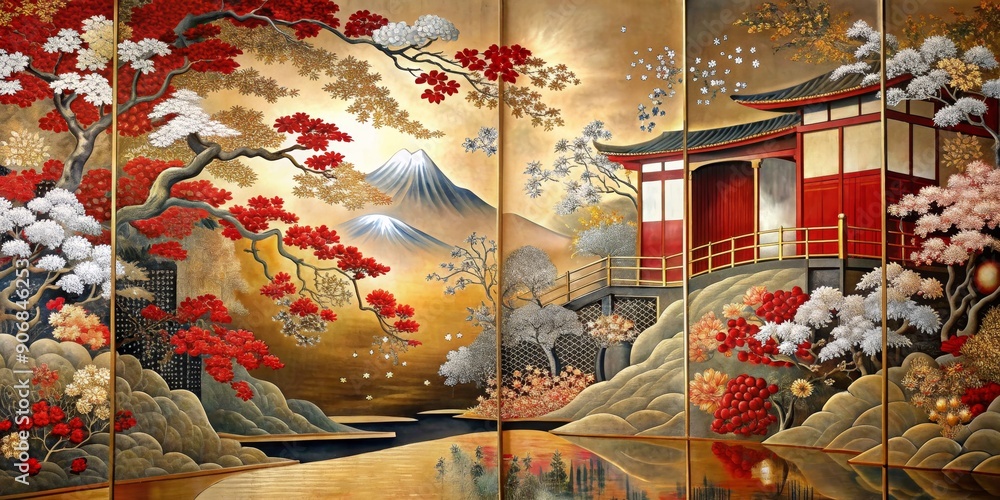 Golden Mountain Landscape with Red Pagoda, Painting, Japanese Garden, Traditional Art, Gold Leaf, Asia, Japan Golden Mountain Landscape with Red Pagoda, Painting, Japanese Garden, Traditional Art, Gold Leaf, Asia, Japan