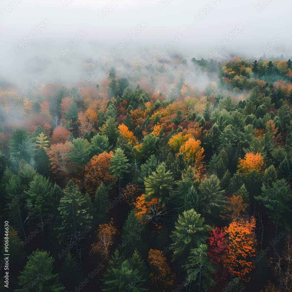 Aerial view of a vast autumn forest with colorful trees and misty fog Aerial view of a vast autumn forest with colorful trees and misty fog