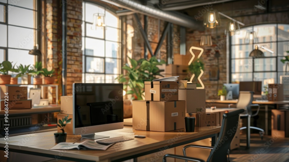 Cardboard boxes and furniture near stairs in office. Moving day. startup office receiving merch boxes. Cardboard boxes and furniture near stairs in office. Moving day. startup office receiving merch boxes.