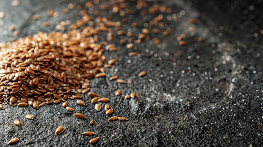 Flax seeds spilled on dark surface with empty space for text or design Flax seeds spilled on dark surface with empty space for text or design