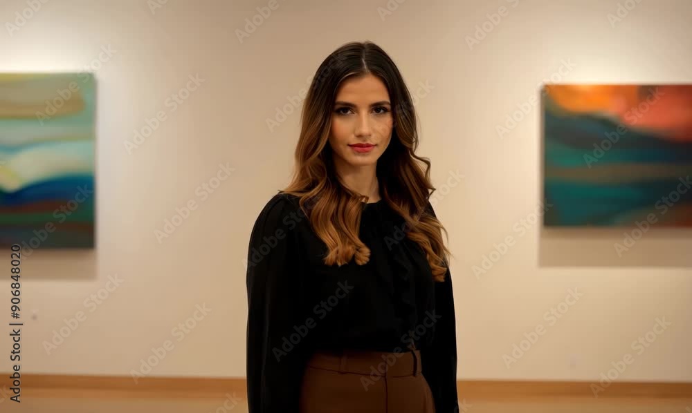 Portrait of a beautiful young woman with long wavy hair in a black blouse and brown trousers posing in an art gallery. Portrait of a beautiful young woman with long wavy hair in a black blouse and brown trousers posing in an art gallery.