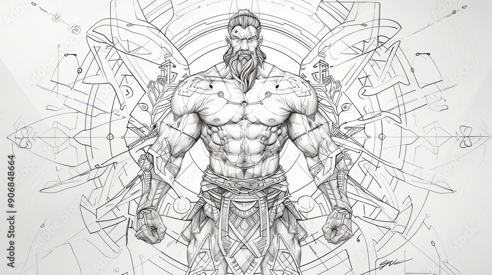 Obraz premium tattoo art line, drawing white paper, pure white and clean background, A geometric and realistic style tattoo, featuring a combination of mythological.