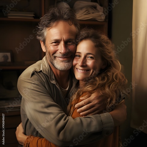 Joyful Couple Embracing in a Warm, Sunlit Room During an Intimate Moment Together