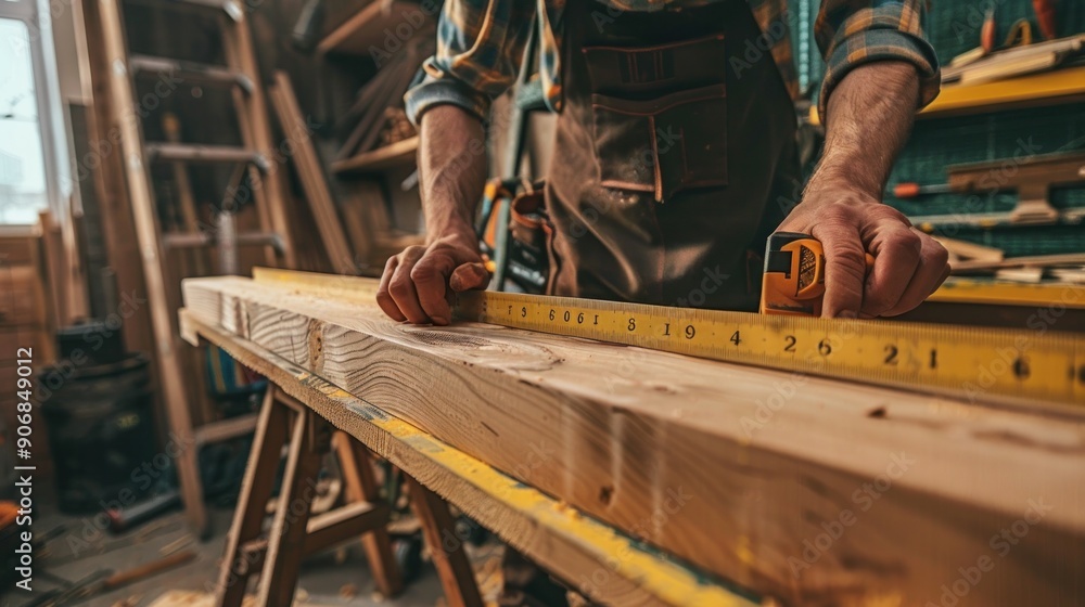 Carpenter Measuring Wood in Workshop Carpenter Measuring Wood in Workshop