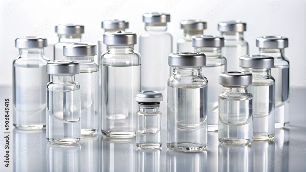 Multiple Glass Vials Filled with Clear Liquid on a Reflective Surface, Medicine, Pharmacy, Healthcare, Laboratory Multiple Glass Vials Filled with Clear Liquid on a Reflective Surface, Medicine, Pharmacy, Healthcare, Laboratory