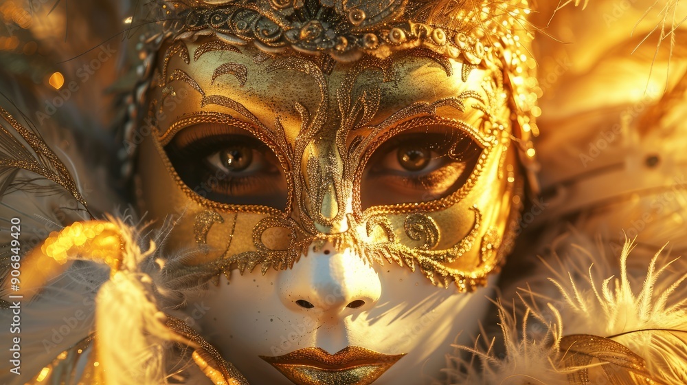 Elegant golden mask at venice carnival masquerade party Elegant golden mask at venice carnival masquerade party