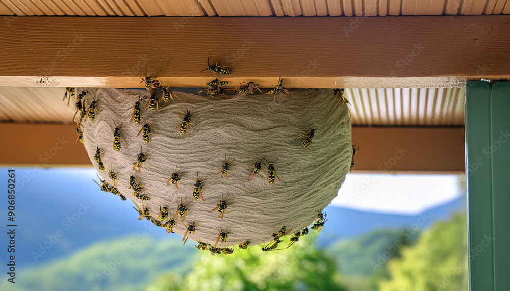 Many wasps in a wasp nest on a porch Stock Photo | Adobe Stock
