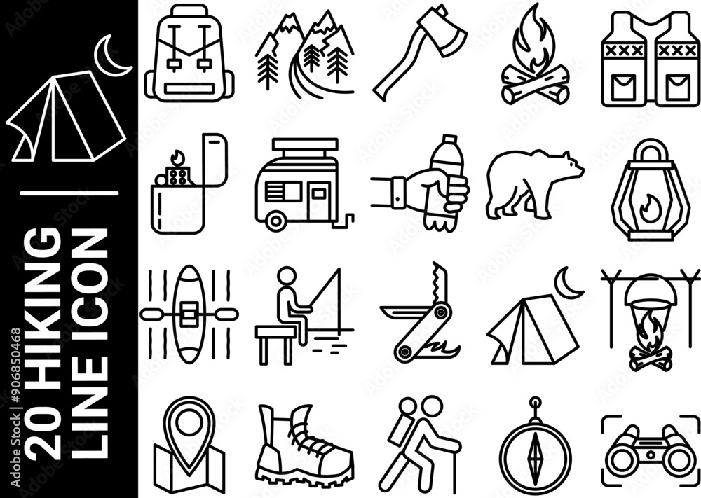 Fototapeta premium 20 hiking line icon, black and white