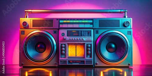 Retro Boombox with Neon Lights, 3D Render, Audio, 80s, Vintage, Music, Technology