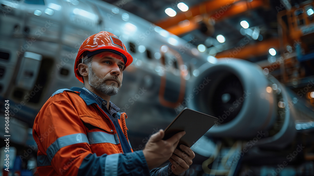 Engineer Using Tablet in Aircraft Factory. Engineer in a red hard hat uses a tablet while inspecting an aircraft in a modern factory, emphasizing the integration of technology in engineering. Engineer Using Tablet in Aircraft Factory. Engineer in a red hard hat uses a tablet while inspecting an aircraft in a modern factory, emphasizing the integration of technology in engineering.