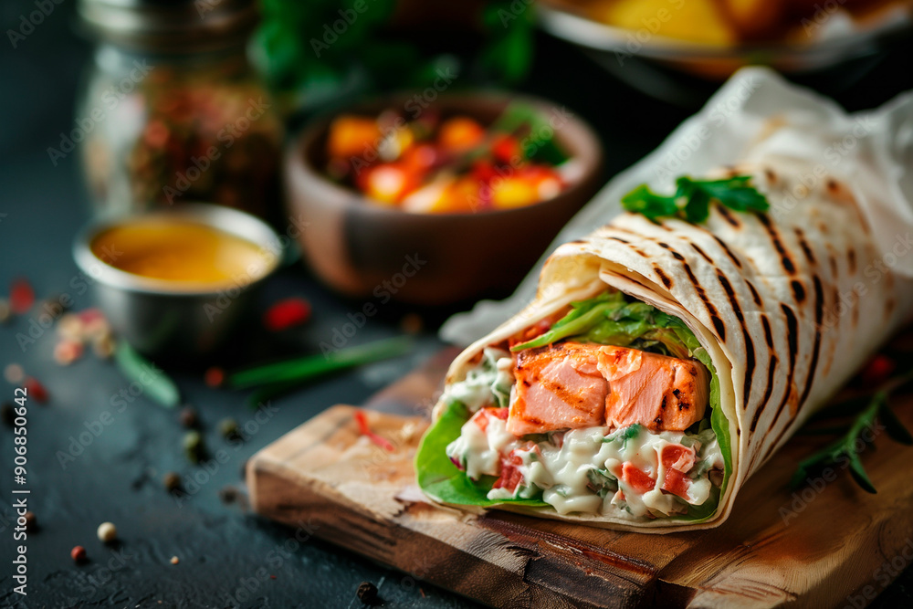 A delicious and vibrant burrito rolls with salmon and avocado filled with fresh vegetables served on a rustic wooden board A delicious and vibrant burrito rolls with salmon and avocado filled with fresh vegetables served on a rustic wooden board