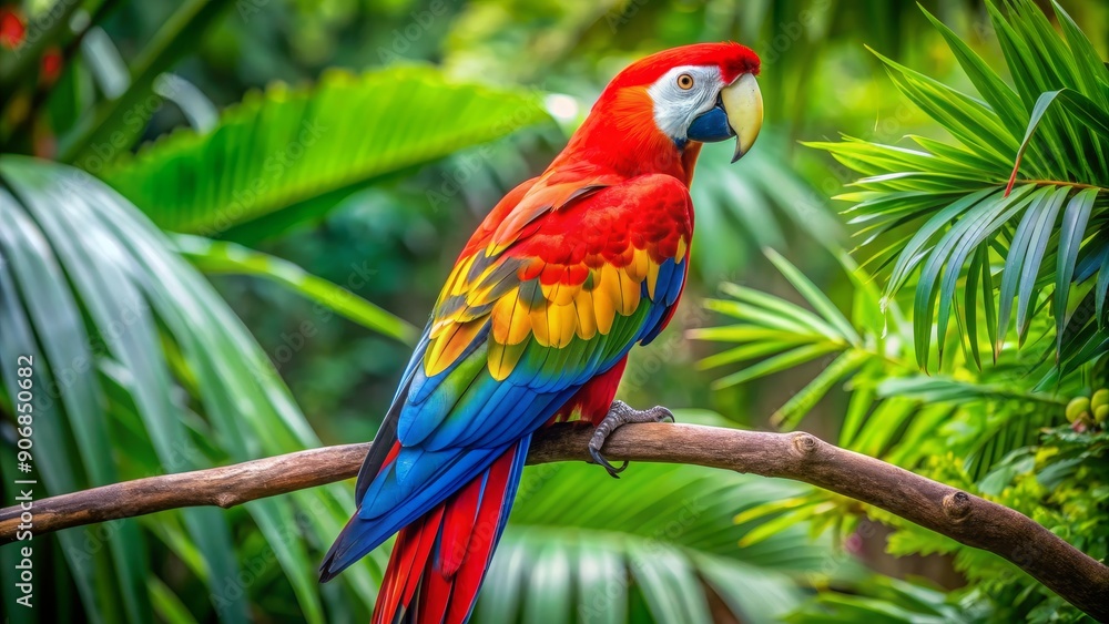 Scarlet Macaw Perched on a Branch in Lush Green Foliage, Portrait, Close-up, Tropical Bird, Parrot, Wildlife, Nature Scarlet Macaw Perched on a Branch in Lush Green Foliage, Portrait, Close-up, Tropical Bird, Parrot, Wildlife, Nature
