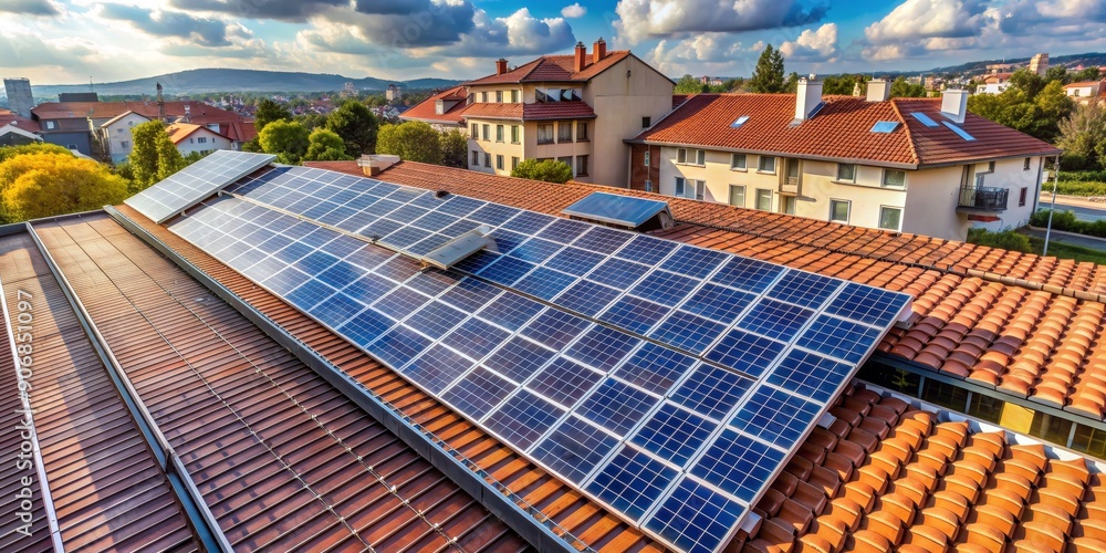 Solar Panels Installed on a Rooftop with a View of Cityscape, Aerial View, Solar Energy, Renewable Energy, Green Technology, Sustainability Solar Panels Installed on a Rooftop with a View of Cityscape, Aerial View, Solar Energy, Renewable Energy, Green Technology, Sustainability