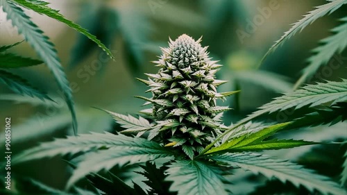 Leaves and buds similar of a flowering medical cannabis or marijuana plant close up, herbal medicine. photo