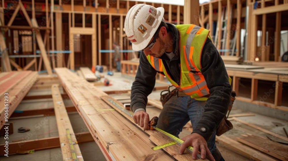 Construction Worker Measuring Wood Beam Construction Worker Measuring Wood Beam