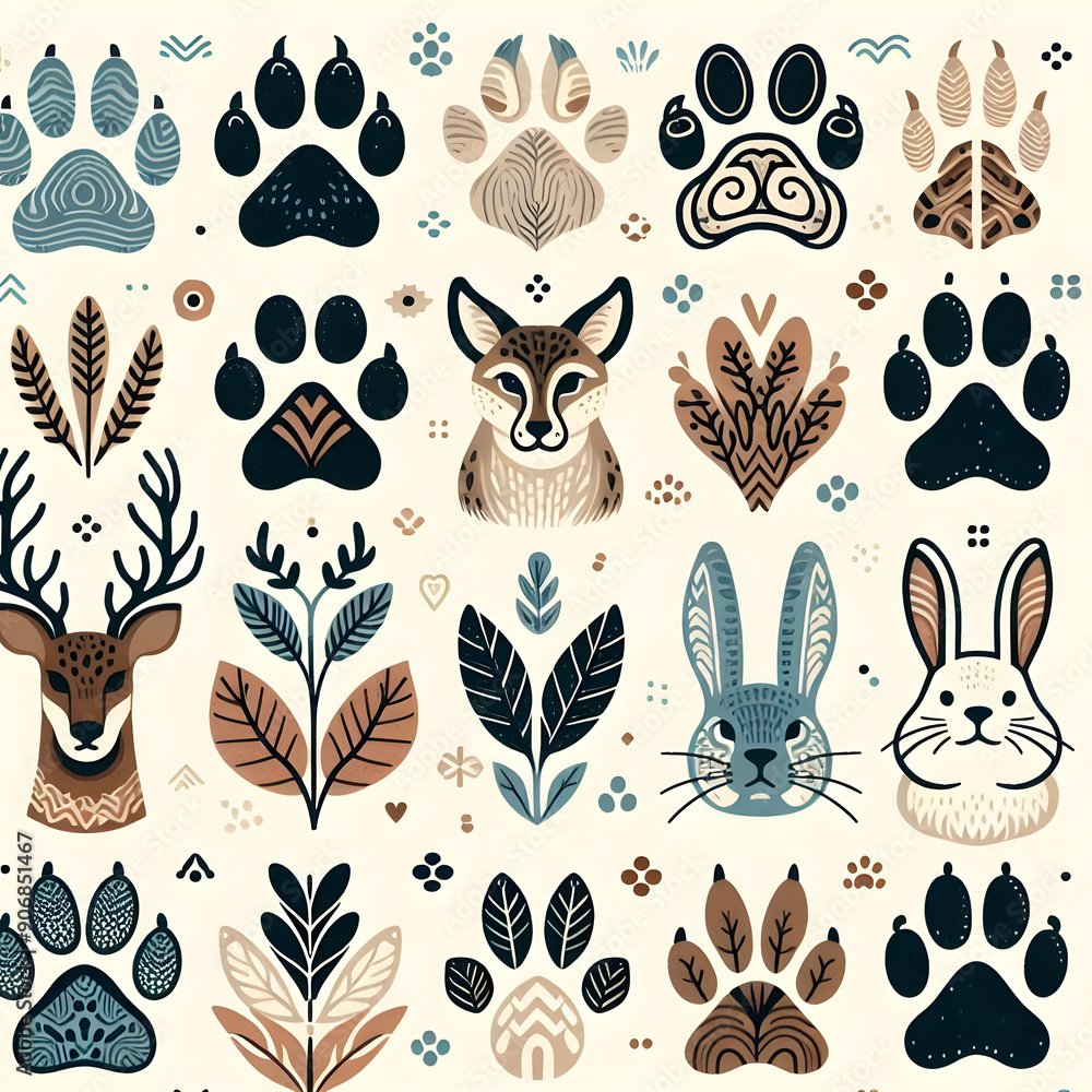 Fototapeta premium Cute Animal Paws and Floral Pattern for Kids Design