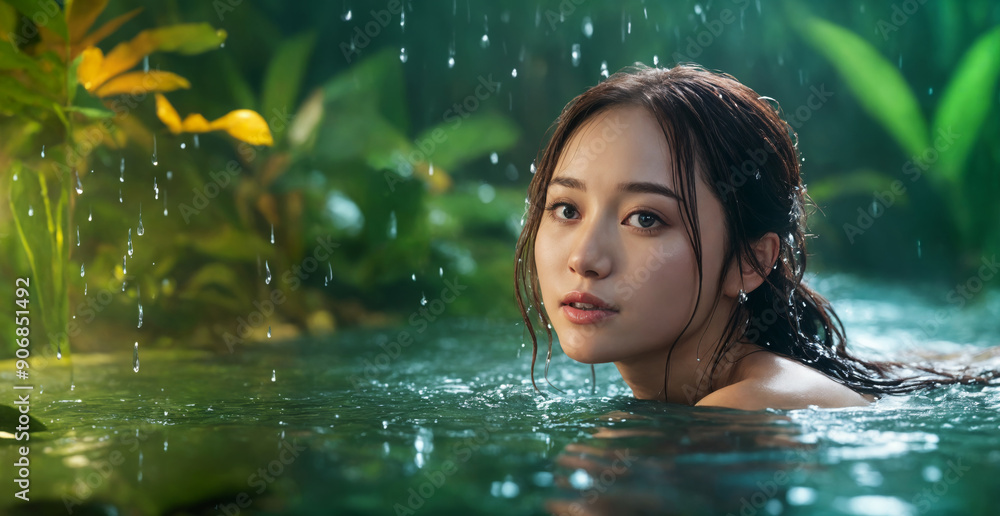 young asian woman with wet hair emerging from a body of water, surrounded by lush greenery. young asian woman with wet hair emerging from a body of water, surrounded by lush greenery.