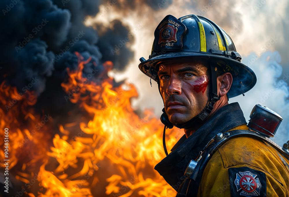 Fototapeta premium Firefighter in helmet against the background of fire