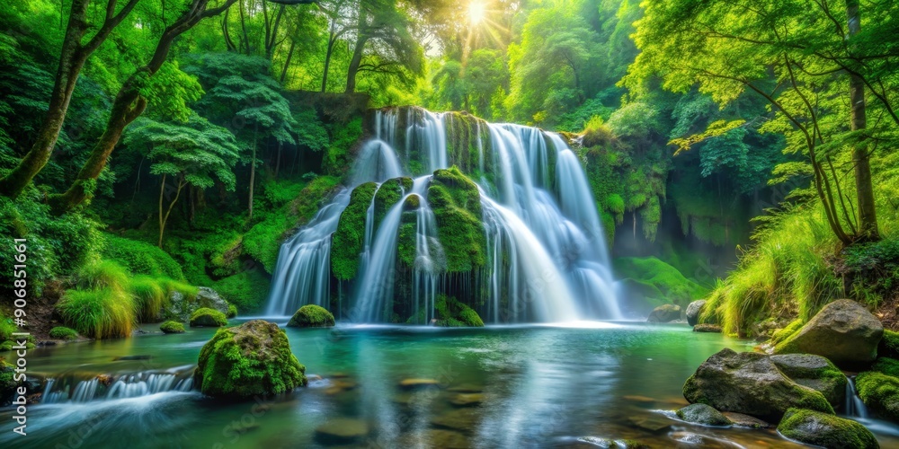 Sunlight Dappled Through Forest Canopy Illuminates Lush Waterfall, waterfall, nature, green , forest Sunlight Dappled Through Forest Canopy Illuminates Lush Waterfall, waterfall, nature, green , forest