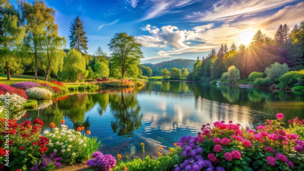 Sunlit Serenity Lake Reflections Amidst a Tapestry of Flowers, Landscape, Nature, Photography, Water Sunlit Serenity Lake Reflections Amidst a Tapestry of Flowers, Landscape, Nature, Photography, Water