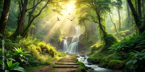 Sunlight Through The Forest Canopy, Waterfall, Stone Steps, Birds, Lush Greens, Foggy, Tranquil