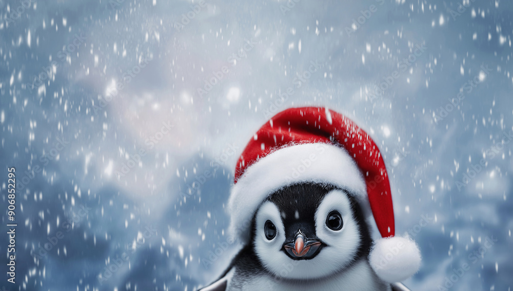 Banner with cute Funny Penguin wearing a red Santa hat. Blurred snowy winter background. New Year, design for print, poster, greeting card. Copy space, banner. Christmas vacation, wild life. Banner with cute Funny Penguin wearing a red Santa hat. Blurred snowy winter background. New Year, design for print, poster, greeting card. Copy space, banner. Christmas vacation, wild life.