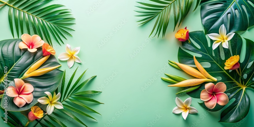 Tropical Floral Frame Lush Green Leaves and Vibrant Flowers on Mint Background, tropical , floral , summer , vacation Tropical Floral Frame Lush Green Leaves and Vibrant Flowers on Mint Background, tropical , floral , summer , vacation