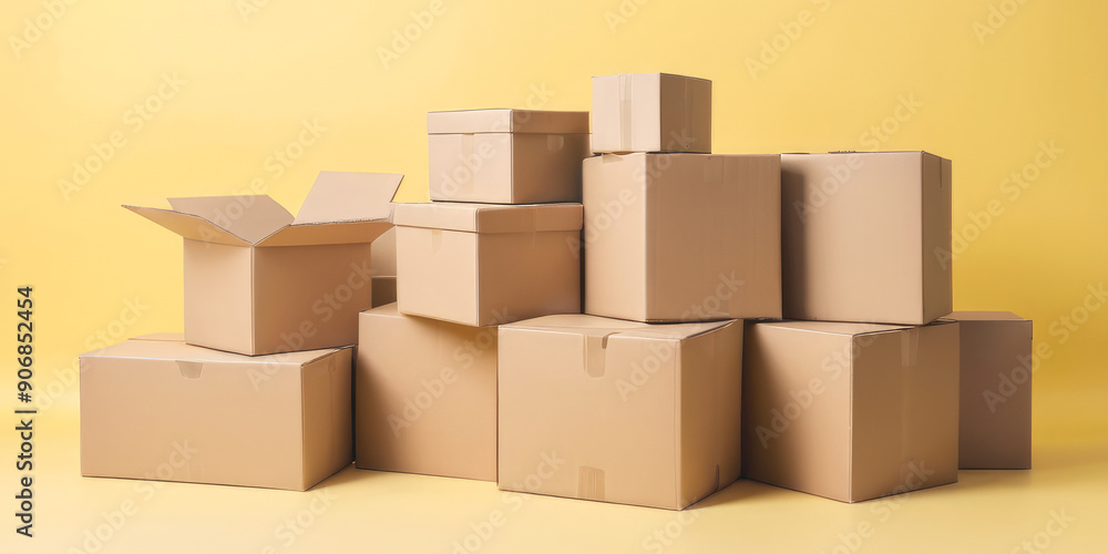 Fototapeta premium stacks of cardboard boxes on a yellow background