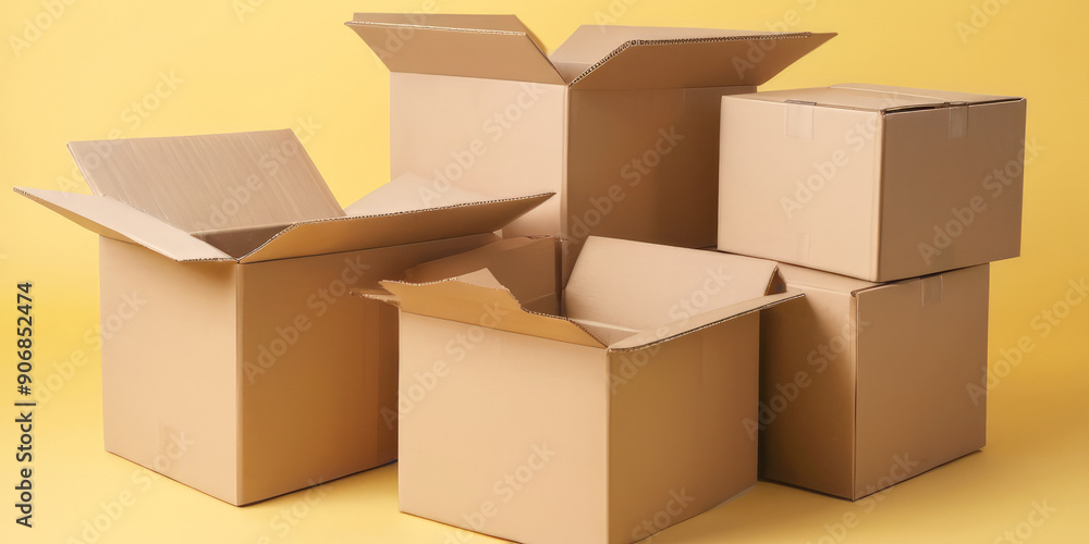 stacks of cardboard boxes on a yellow background stacks of cardboard boxes on a yellow background