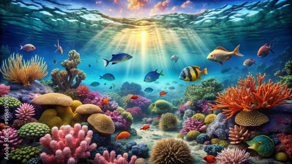 Naklejka premium Underwater Paradise Vibrant Coral Reef with Colorful Fish, Digital Painting, Sunbeams, Marine Life, Coral, Reef, Fish