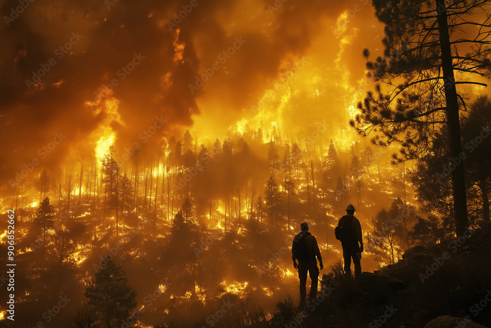 Fototapeta premium Forest fire wildfire at night time on the mountain with big smoke. Giant trees in flame. Global warming and climate change. Two men stare at the fire, powerless before the natural disaster.