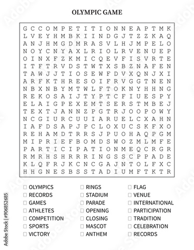 Word find game is a puzzle with a word search. Fun puzzle game. Olympic games theme. Ready to print 8.5 by 11 inches. Printable vector illustration