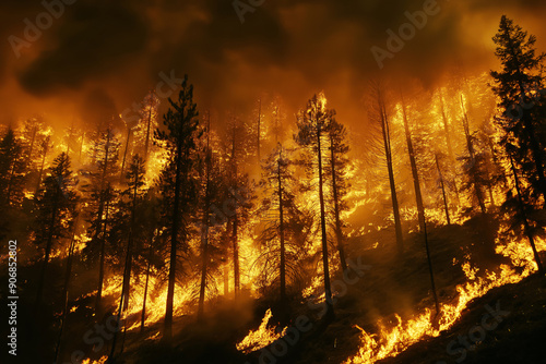 Forest fire wildfire at night time on the mountain with big smoke. Giant trees in flame. Natural disaster, effects of global warming and climate change.  photo